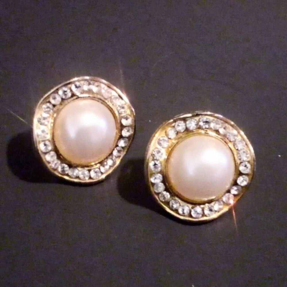 Gold Tone Faux Mabe Pearl and Rhinestone Pierced Earrings - Picture 2 of 3
